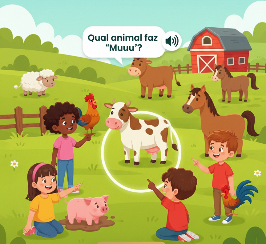 Ilustração de vários animais da fazenda em um campo verde.